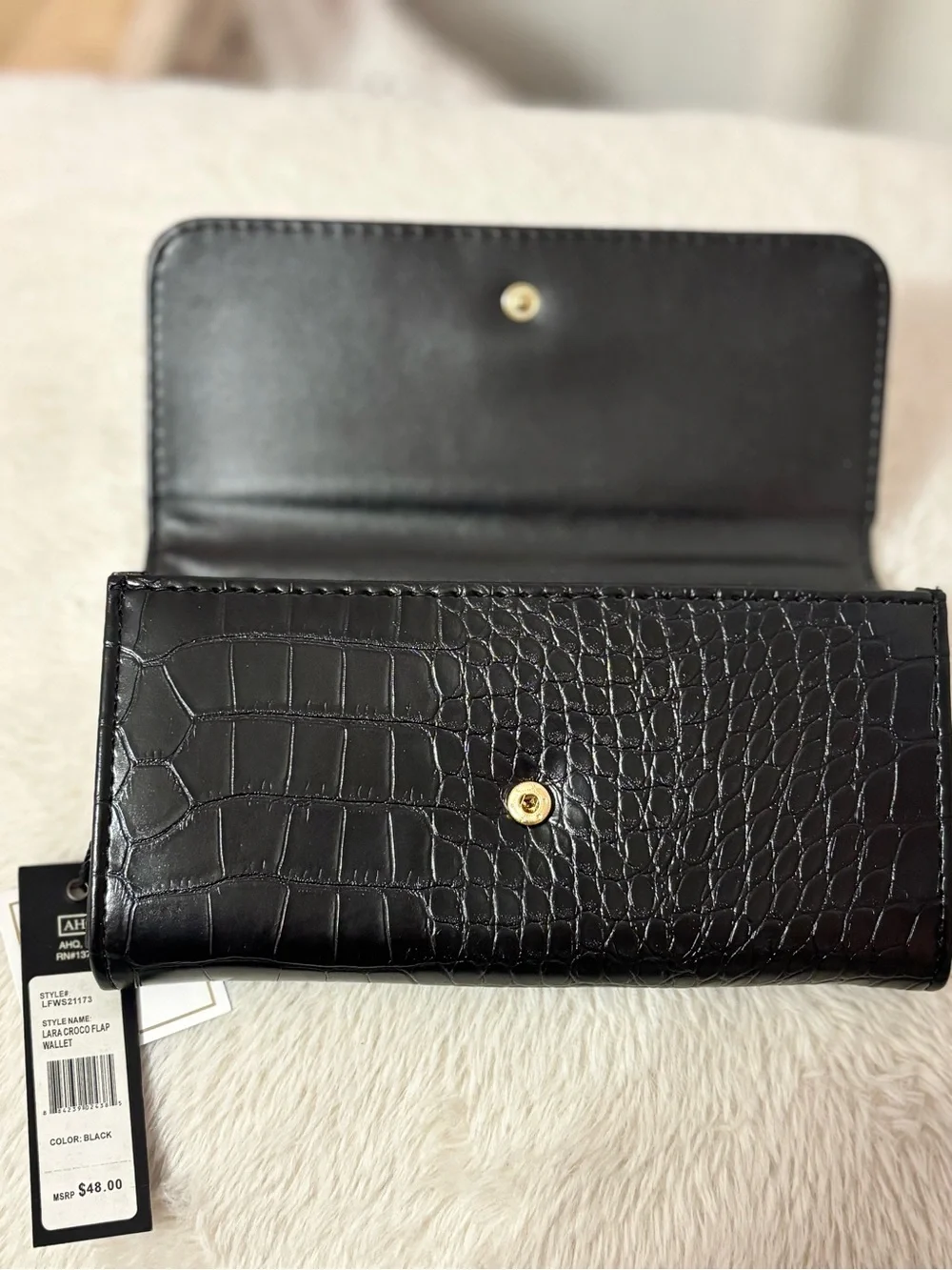 London Fog Black Croc-Embossed Clutch with Gold Logo Plaque